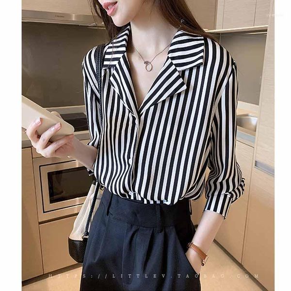 

fashion stripes printed blouse women elegant v-neck loose long sleeve shirts casual officewear 2021 autumn1, White