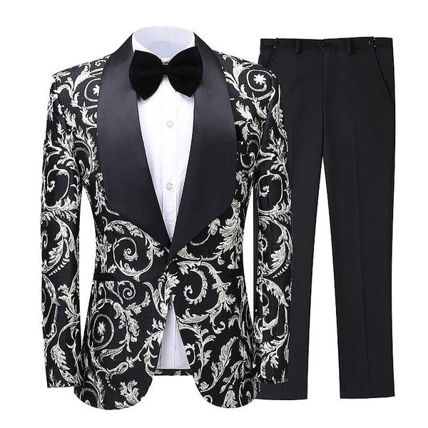 

men's suits & blazers print slim suit set 2 piece groom dress tuxedo custom party fashion embroidered wedding eu size, White;black