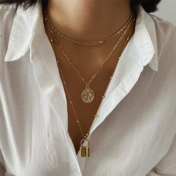

Punk Multi Layer Lock Pendant Necklace for Women Charm Star Disc Thiny Chain Choker Necklace Statement Jewelry, Silver