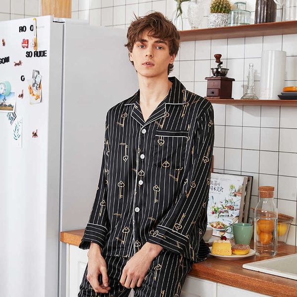 

yaoting silk pajamas men's spring and summer ice silk long sleeve trousers home suit tz1050, Black;brown