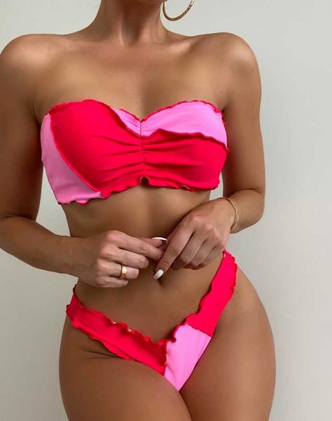 

women's swimwear stitching wrapped chest bikini low waist swimsuit set two-piece, White;black