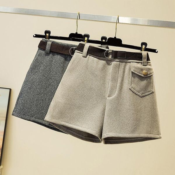 

women's shorts 2021 woolen autumn winter female fashion loose wide leg a-line casual comfortable with belt e94, White;black