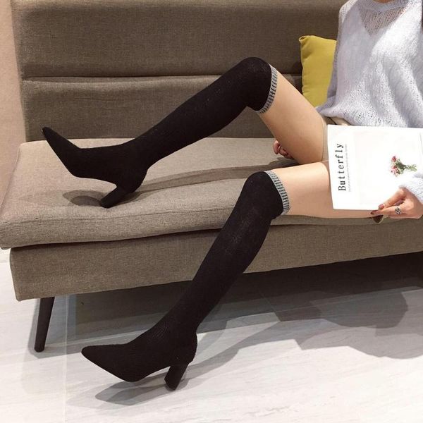 

boots niufuni 2021 autumn over the knee knitting sock women pointed toe thigh high ladies elastic slim shoes, Black