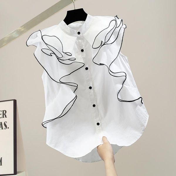 

women's blouses & shirts superaen french contrast edge layer ruffled patchwork sleeveless solid stand shirt all match slim women, White