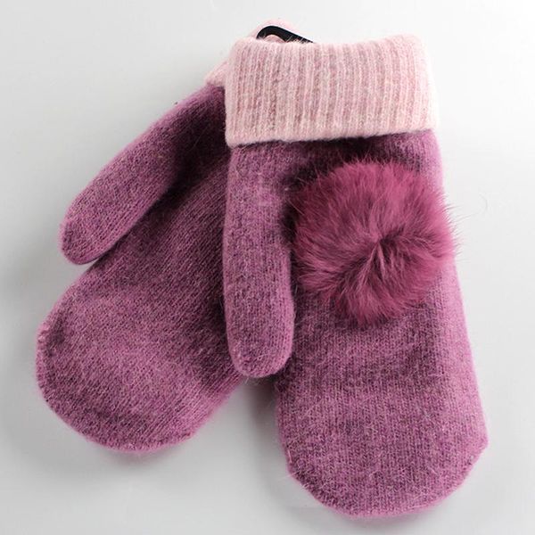 

five fingers gloves winter soft girls wool female full finger mittens warm knitted pompom solid color, Blue;gray