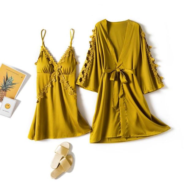 

brand women's robe & gown sets 2 pcs/set bathrobe + mini night dress sleepwear womens sleep set faux silk sleepwear, Black;red