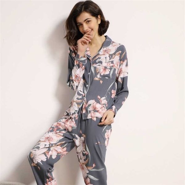 Algodão de mangas compridas longas calças mulheres pijamas definido para primavera e verão outono confortável cardigan tops ladies algodão pijama 211112