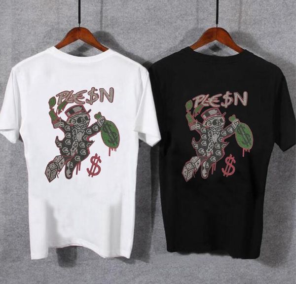 

rhinestone tees mens oversize brand designer streetwear cotton tshirts front and back, White;black