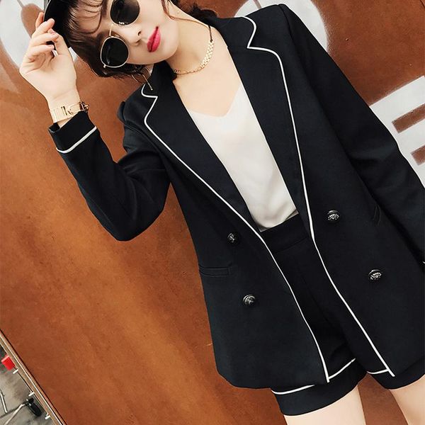

bgteever casual 2 pieces set women notched collar blazer & zipper short pant suit women black fashion office outfits feminino, Gray