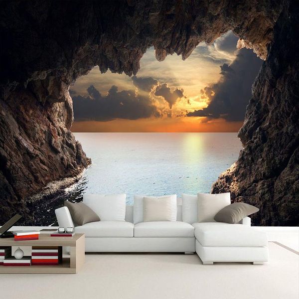 

wallpapers drop custom po wallpaper 3d stereoscopic cave seascape sunrise tv background modern mural wall art