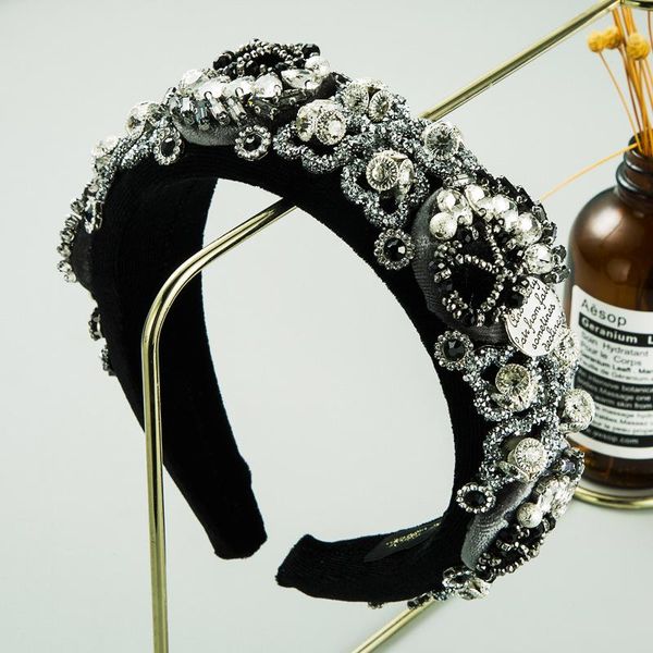 

hair accessories fashion creative luxury rhinestone gemstone handmade headband female gold velvet flower retro gray headdress, Slivery;white