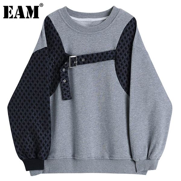 

eam] loose gray asymmetrical spliced sweatshirt new round neck long sleeve women big size fashion spring autumn 2021 1dd3157, Black