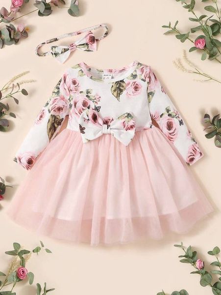 

baby floral print bow mesh hem dress & headband she, Red;yellow