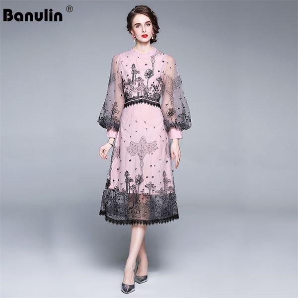 

spring women luxury embroidery lace dress festa lantern sleeve elegant party robe femme vintage vestidos 210603, Black;gray