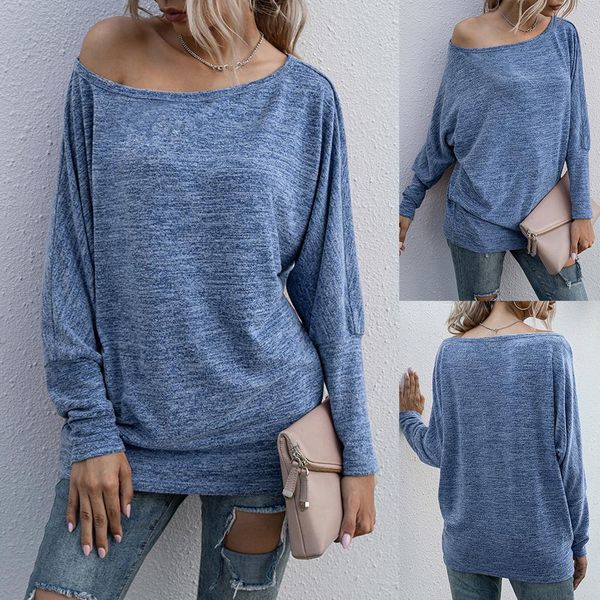 

casual woman tshirts solid color loose tshirt women long sleeve off shoulder t-shirt pullovers femme t-shirts mujer camisetas, Gray