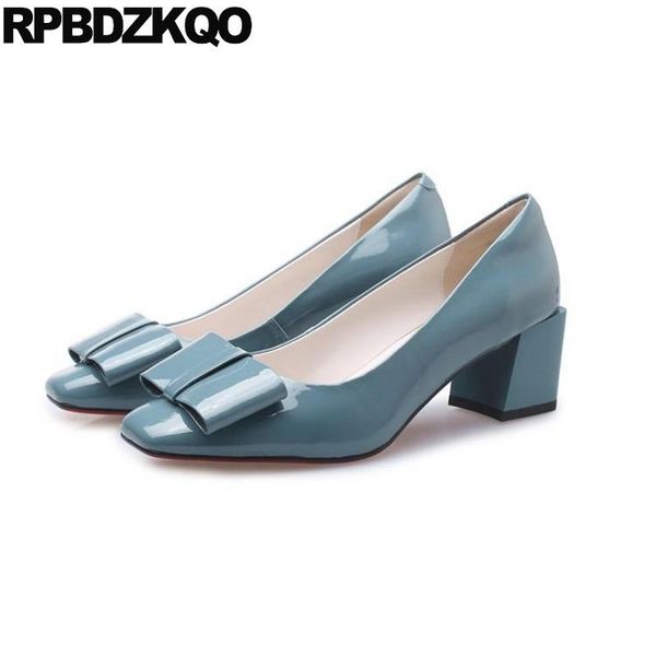 

dress shoes thick size 33 pumps 4 34 square toe patent leather bow blue ladies mid heels block customized women chunky, Black