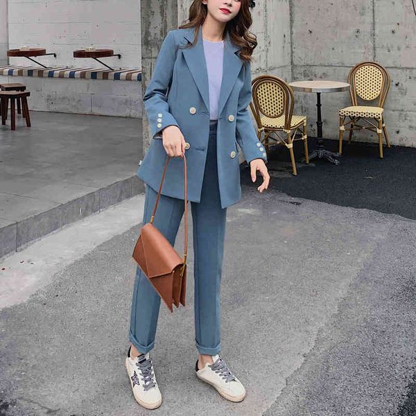 

women's two piece pants female fashion blazer s long sleeve double breasted jacket suit ladies office sets two-piece 1t2j, White
