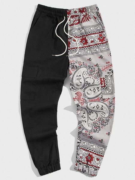 

romwe guys colorblock paisley pants f4au#, Black