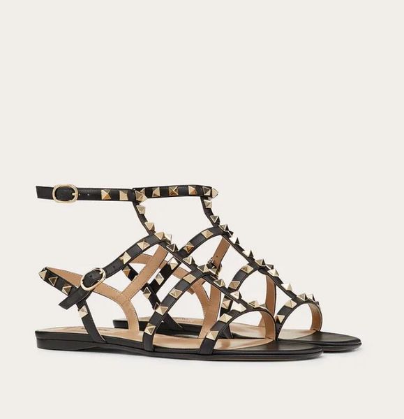 

perfect summer brands rock stud flat calfskin leather sandals with straps ladies rivets lady sandals comfortable walking beach slides, Black