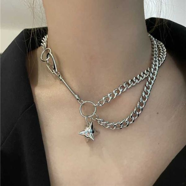 

chains stacked multi-layer cuban chain necklace female metal meteor hammer, Silver