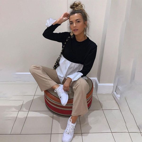 

women's t-shirt women fashion shirt solid o neck 2021 arrival two pieces splicing lady's, White
