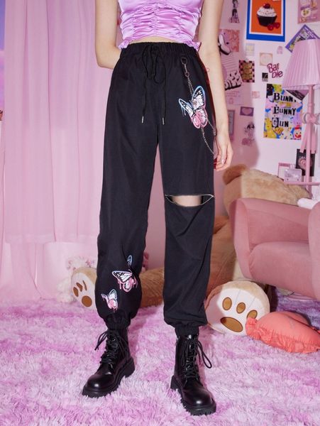 

romwe butterfly print zip front knot pants l85d#, Black;white