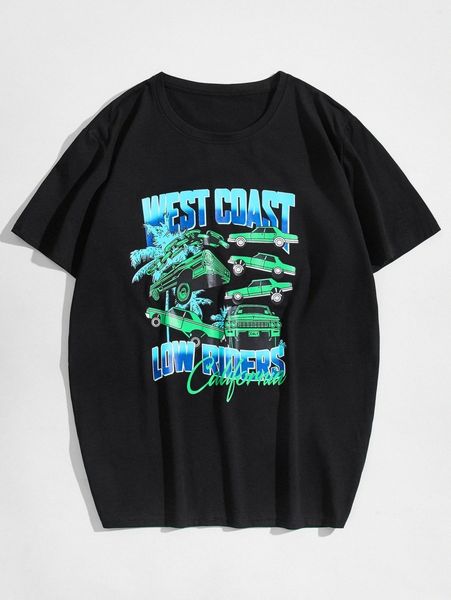 

men car & letter & tropical tree print tee a5qj#, White;black