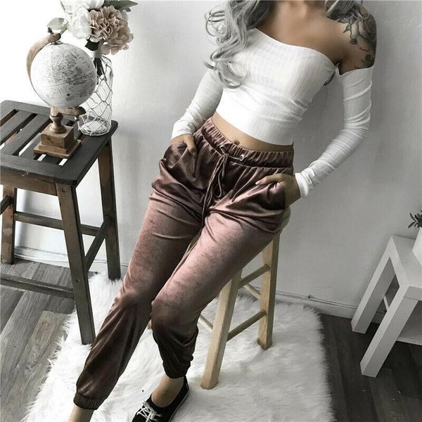 

women's pants & capris women high waist casual solid elastic pleuche loose home gym sports pant autmn winter, Black;white