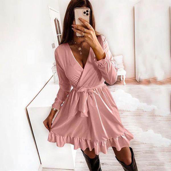 

casual dresses women elegant ruffles slim mini dress 2021 autumn deep v-neck long sleeve sashes a-line woman fashion party, Black;gray