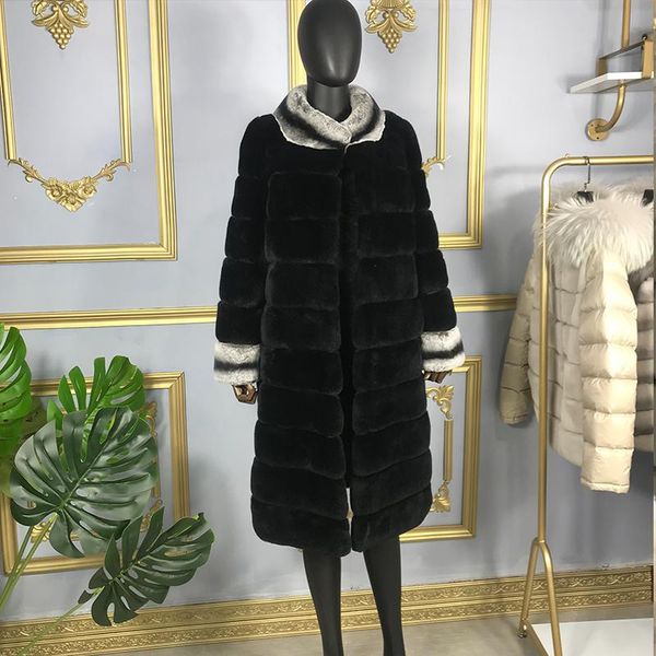 

women's fur & faux long style genuine coat women jacket 2021 winter fashion warm stand collar overcoats thick customizable, Black