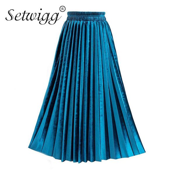

skirts autumn winter stretch waisted metallic velvet long pleated solid pleuche shiny elegant mid-calf blue green, Black