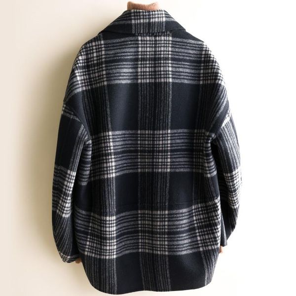 

women's wool & blends autumn real coat female korean fashion double-faced woolen women coats short plaid winter overcoat manteau femme, Black