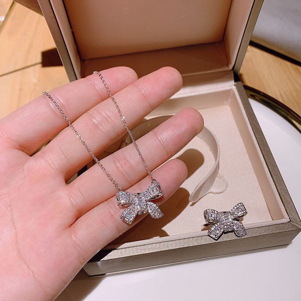 

xianlan180 in 2020, the new tide suit luxury bow necklace ring microscope zircon clavicle chain web celebrity women present, Silver