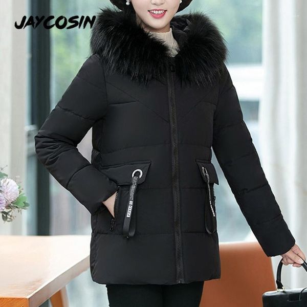 

jaycosin women winter solid hooded coat fur collar long sleeve zipper large size motther coat christmas mother gift warm1, Black