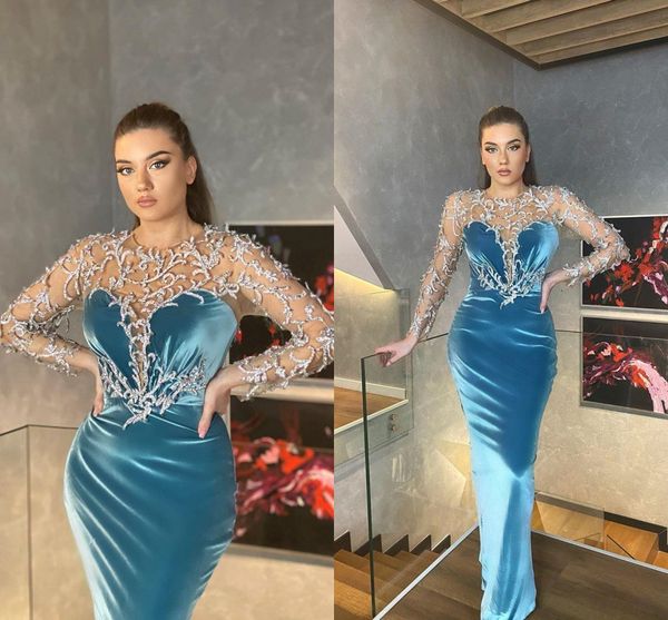 

arabic aso ebi blue luxurious evening dresses beaded crystals lace velvet long sleeve formal party second reception prom gowns, Black