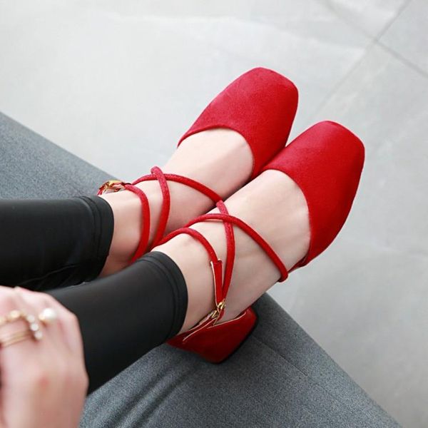 

dress shoes pxelena rome cross-tied gladiator sandals women square toe cuban med heels flock casual comfort summer 34-43, Black