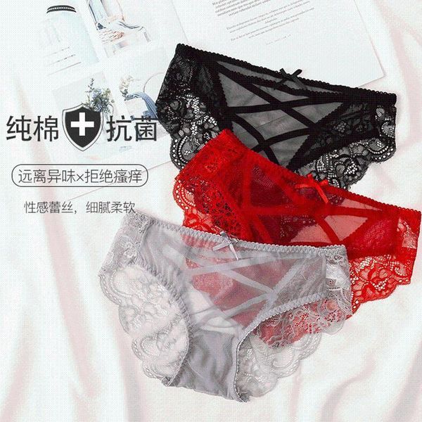 

lace bow briefs mid waist traceless girl thin mesh cotton crotch underwear women's panties, Black;pink