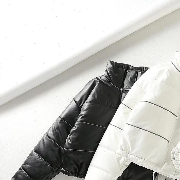 

black white striped reflective 3m parkas women winter autumn thick warm female jacket coat outwear pu faux leather women parkas