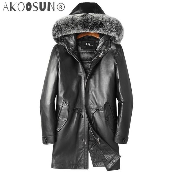 

men's leather & faux akoosun sheepskin coat genuine winter duck down jacket men fur collar hooded long 81z1801 yy278, Black