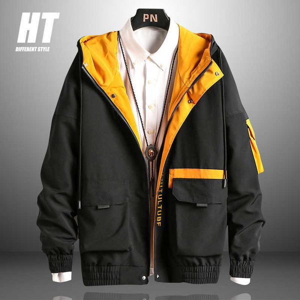 

casual men's jacket autumn winter multiple-pockets zipper jackets men coat hooded japanese outwear brand windbreaker male 210603, Black