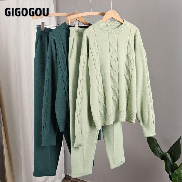

women's two piece pants gigogou carrot peg women 2 sets oversized crop cable twist sweaters cashmere sport knitted tracksuits, White