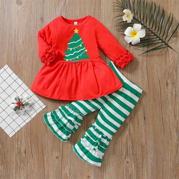 

clothing sets infant girls christmas tree print ruffle long sleeve round neck pullover + striped flared pants 2 piece set for 1-4 years, White