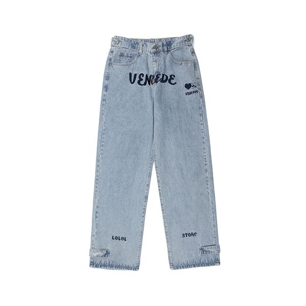 

2021 new letter embroidery wide leg straight retro denim men and women washed high street loose casual jeans pants d9kk, Blue