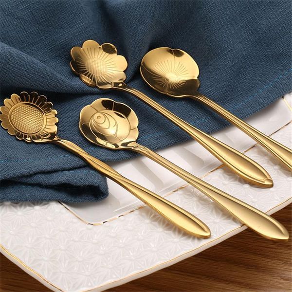 

spoons soffe gold flower shape stainless steel spoon ice cream dessert tea delicated mini coffee scoop for kitchen accessories