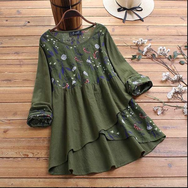 

blusas women shirt zanzea spring long sleeve shirts vintage floral printed patchwork blouse casual asymmetric tunic female, White