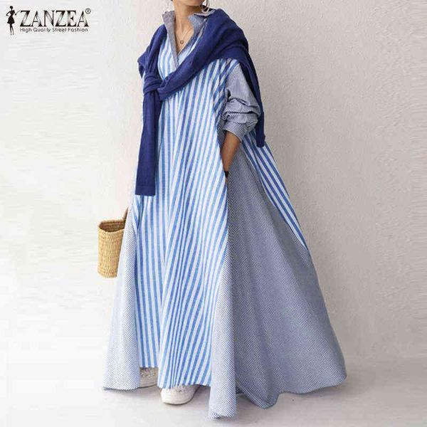 

elegant lapel robe women's autumn sundress zanzea 2021 casual long sleeve maxi vestidos female striped shirt dress g1223, Black;gray