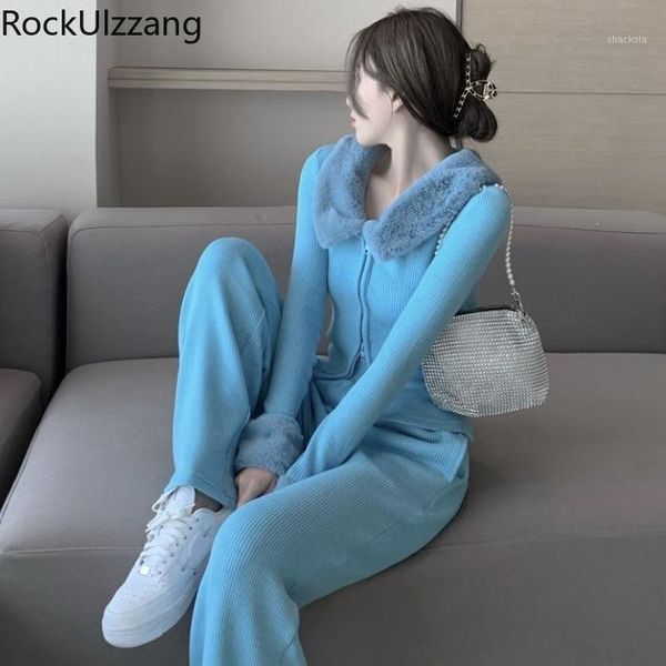 

women's tracksuits faux fur collar knit sweater and high waist loose straight pant women crop knitted outfit suit two piece matchin, Gray