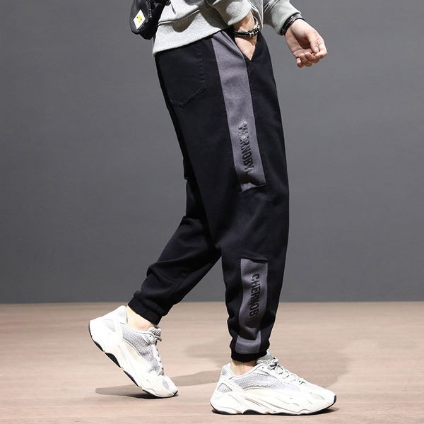 

2021 new fashion streetwear loose fit black color denim cargo pants side stripe designer slack bottom hip hop jeans men joggers 0eut, Blue