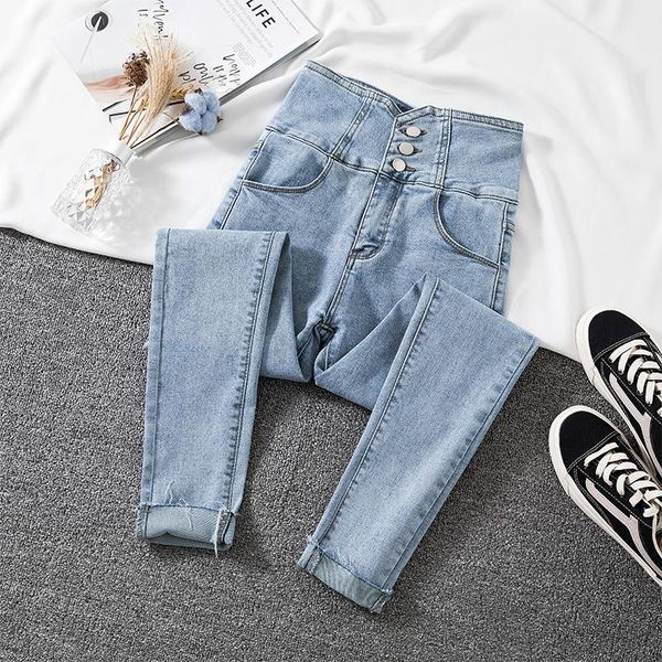 

women's jeans cross high waist skinny woman 2021 korean elastic denim pencil pants light blue chic casual jean female