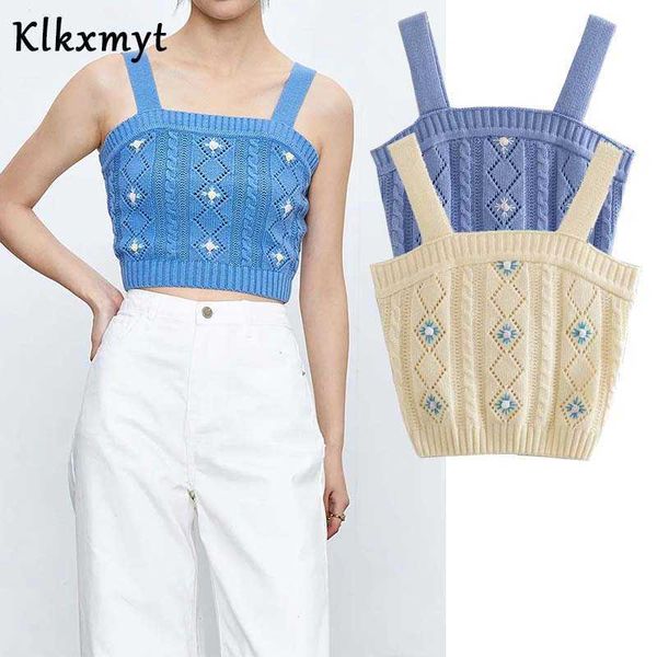 

klkxmyt za spring knitted hollow out embroidered sweater vest women cropped sleeveless female vintage pullover 210527, White
